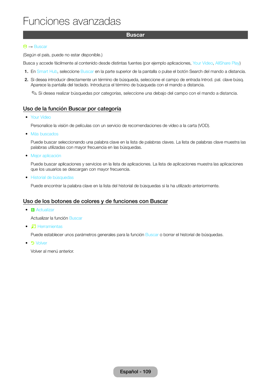 Samsung LT27B750EW/EN Uso de la función Buscar por categoría, Uso de los botones de colores y de funciones con Buscar 