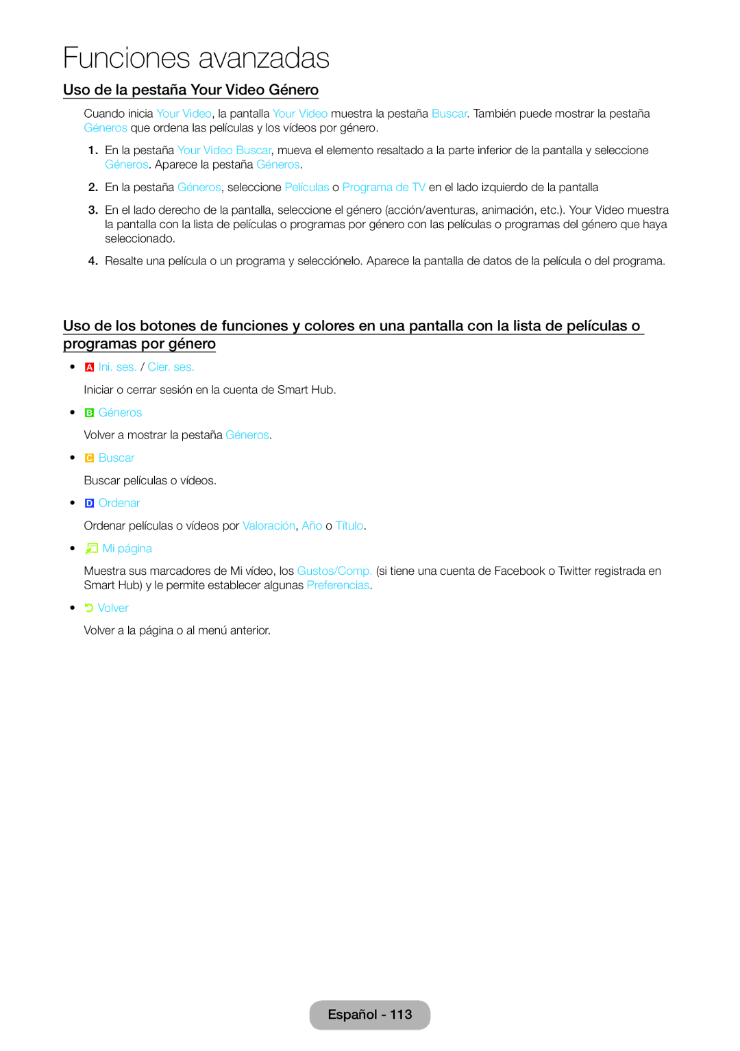 Samsung LT27B750EW/EN, LT24B750EW/EN manual Uso de la pestaña Your Video Género, Géneros 