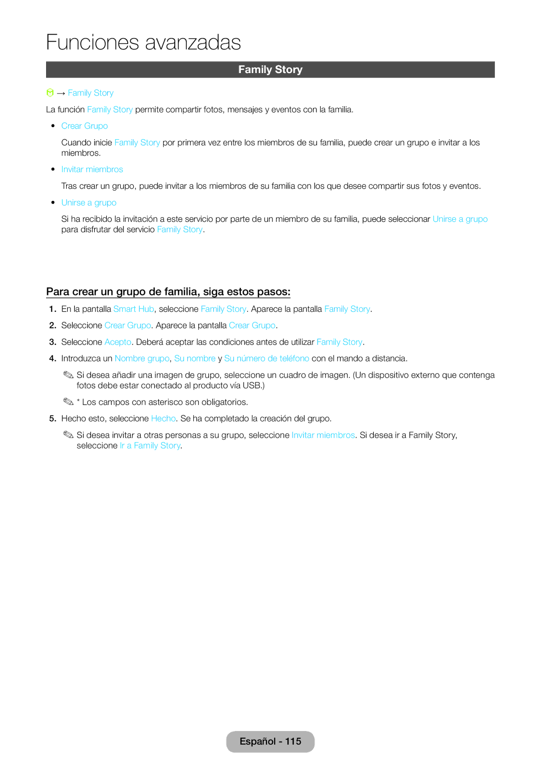 Samsung LT27B750EW/EN, LT24B750EW/EN manual Family Story, Para crear un grupo de familia, siga estos pasos 