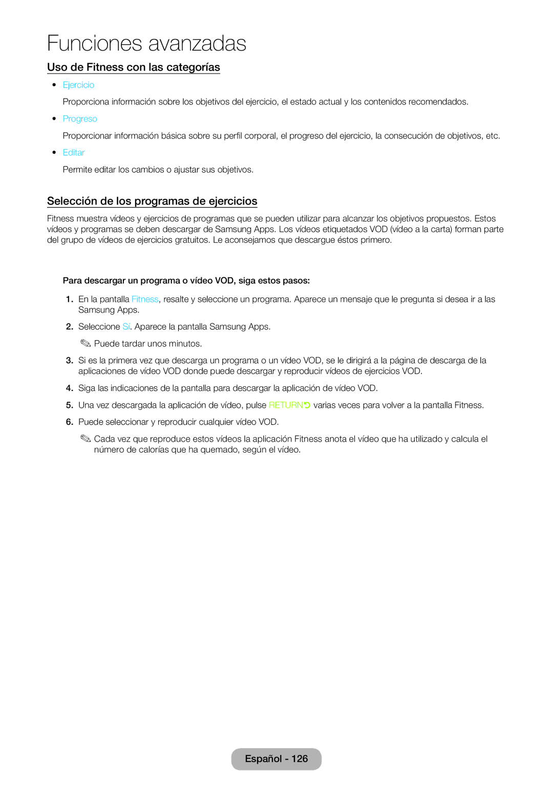 Samsung LT24B750EW/EN Uso de Fitness con las categorías, Selección de los programas de ejercicios, Ejercicio, Progreso 