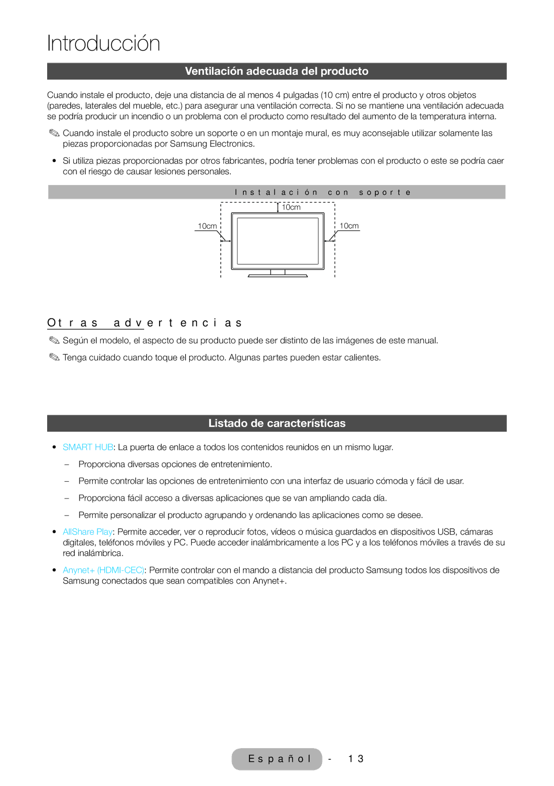 Samsung LT27B750EW/EN, LT24B750EW/EN Ventilación adecuada del producto, Otras advertencias, Listado de características 