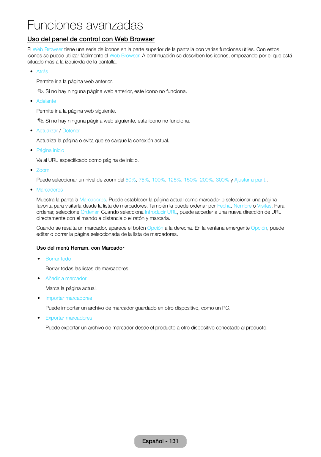 Samsung LT27B750EW/EN, LT24B750EW/EN manual Uso del panel de control con Web Browser 