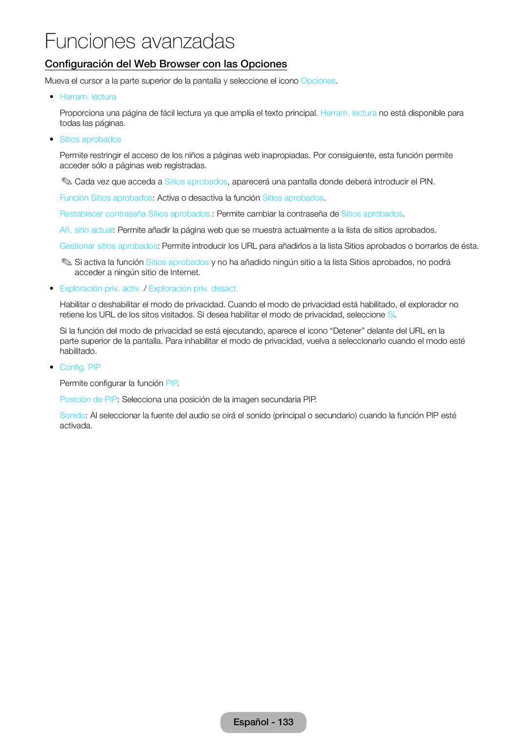 Samsung LT27B750EW/EN manual Configuración del Web Browser con las Opciones, Herram. lectura, Sitios aprobados, Config. PIP 
