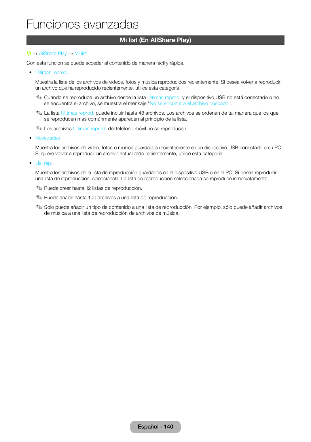Samsung LT24B750EW/EN manual Mi list En AllShare Play, → AllShare Play → Mi list, Últimas reprod, Novedades, Lis. rep 