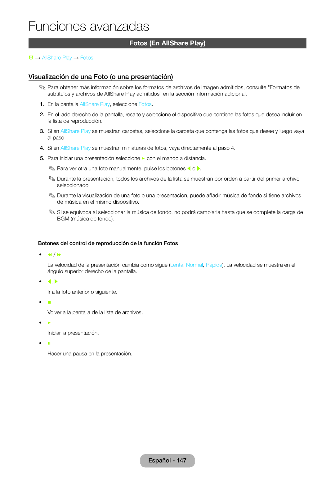 Samsung LT27B750EW/EN manual Fotos En AllShare Play, Visualización de una Foto o una presentación, → AllShare Play → Fotos 