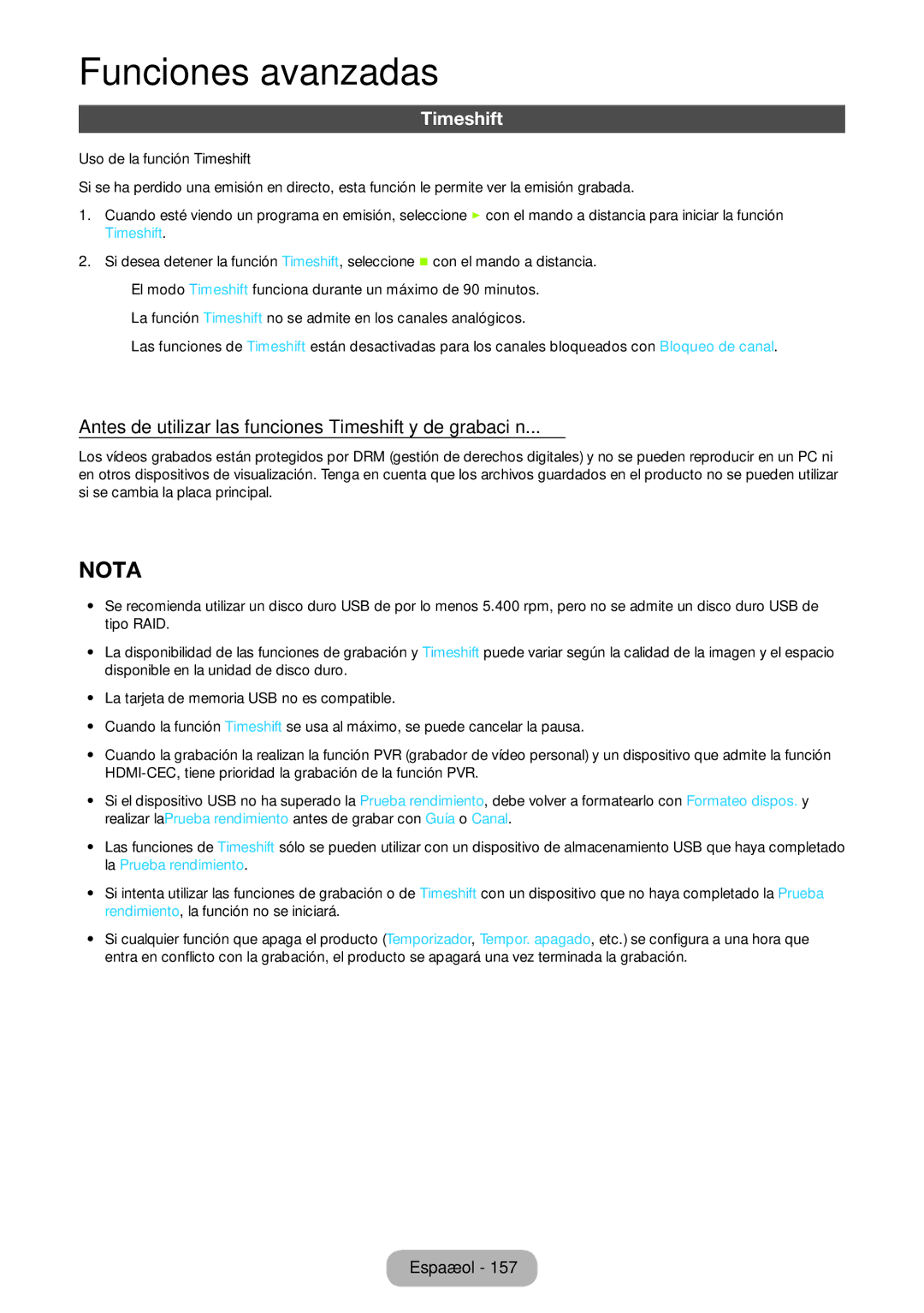 Samsung LT27B750EW/EN, LT24B750EW/EN manual Antes de utilizar las funciones Timeshift y de grabación 