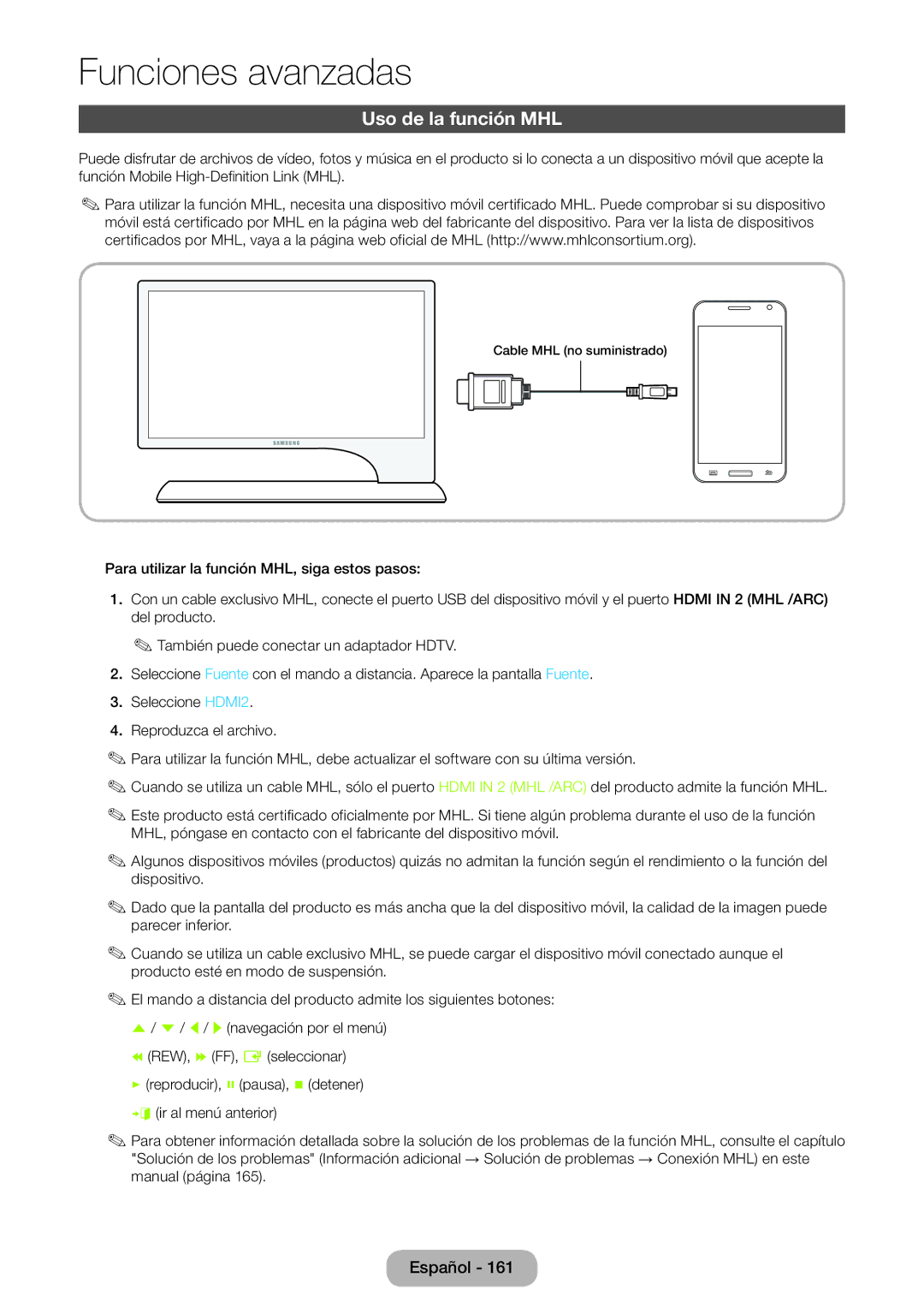 Samsung LT27B750EW/EN, LT24B750EW/EN manual Uso de la función MHL 