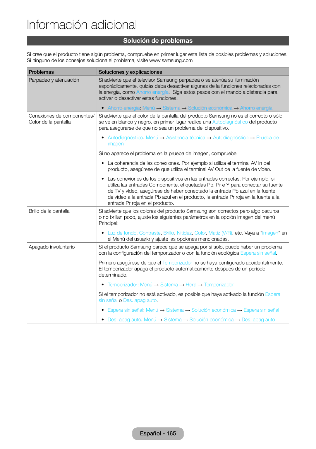 Samsung LT27B750EW/EN, LT24B750EW/EN manual Solución de problemas, Imagen, Temporizador Menú → Sistema → Hora → Temporizador 