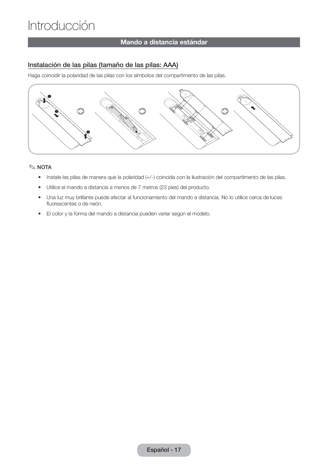 Samsung LT27B750EW/EN, LT24B750EW/EN manual Mando a distancia estándar, Instalación de las pilas tamaño de las pilas AAA 