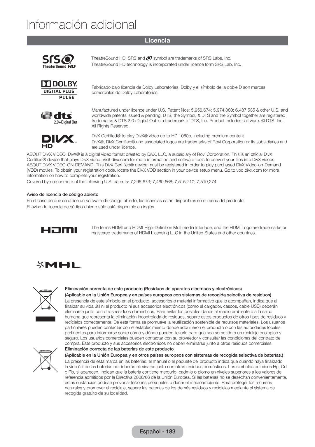 Samsung LT27B750EW/EN, LT24B750EW/EN manual Licencia 