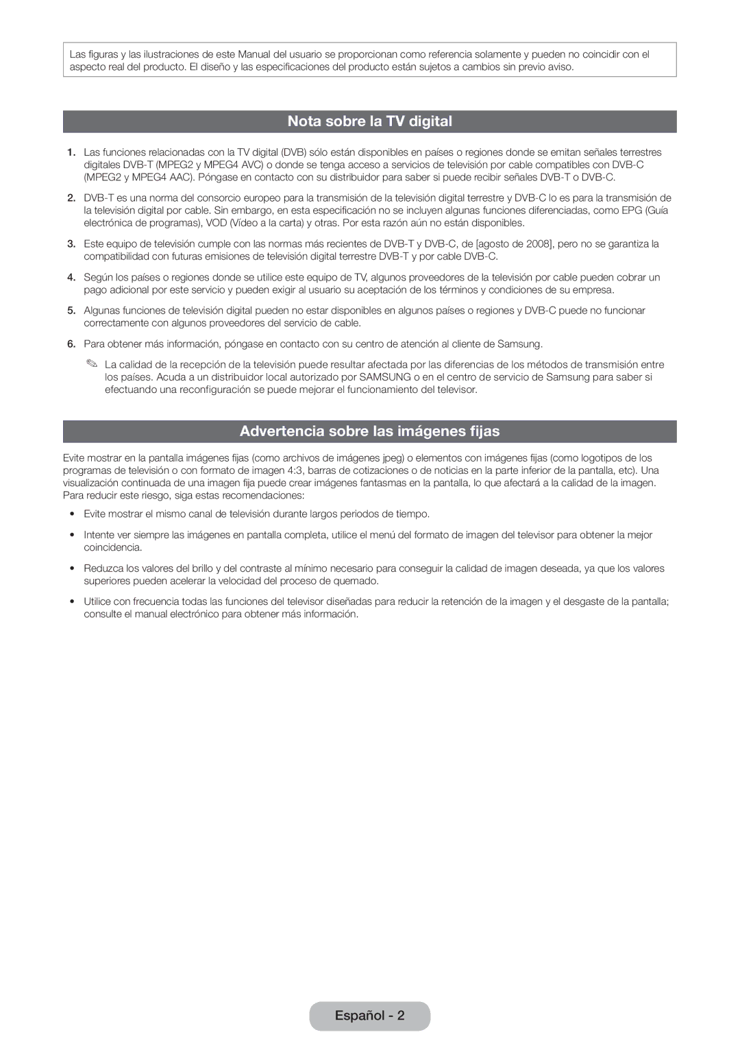 Samsung LT24B750EW/EN, LT27B750EW/EN manual Nota sobre la TV digital, Advertencia sobre las imágenes fijas 