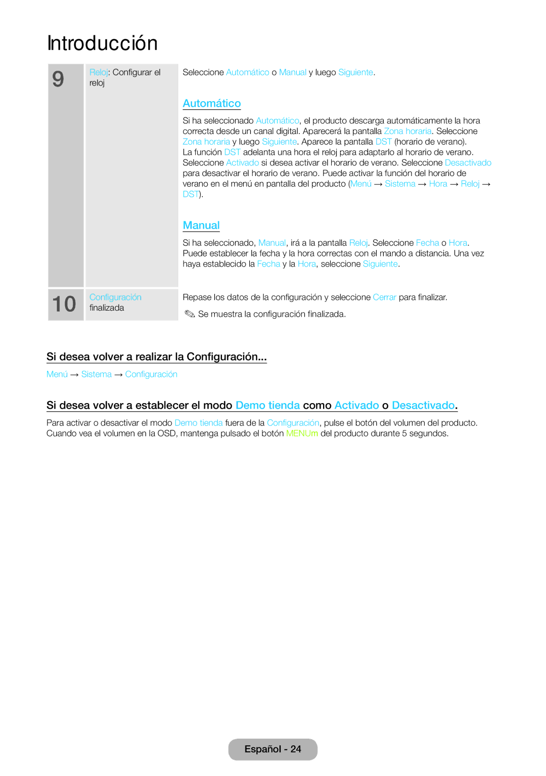 Samsung LT24B750EW/EN manual Si desea volver a realizar la Configuración, Reloj, Finalizada, Menú → Sistema → Configuración 