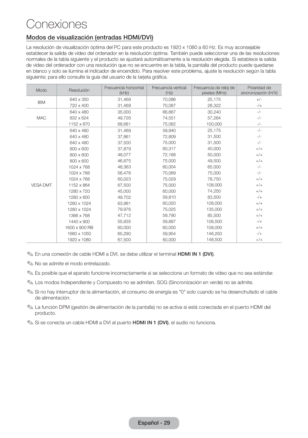 Samsung LT27B750EW/EN, LT24B750EW/EN manual Modos de visualización entradas HDMI/DVI, Mac 