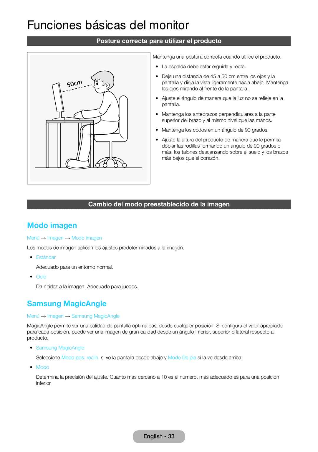 Samsung LT27B750EW/EN, LT24B750EW/EN manual Modo imagen, Samsung MagicAngle, Postura correcta para utilizar el producto 