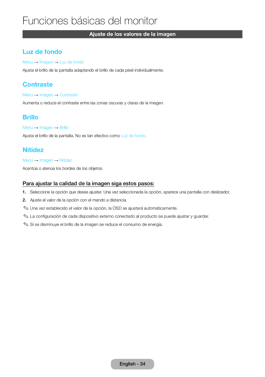 Samsung LT24B750EW/EN, LT27B750EW/EN manual Luz de fondo, Contraste, Brillo, Nitidez, Ajuste de los valores de la imagen 