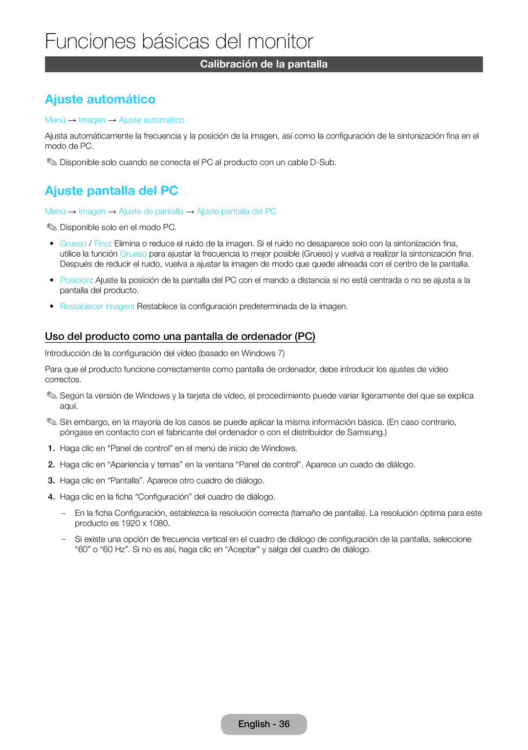 Samsung LT24B750EW/EN, LT27B750EW/EN manual Ajuste automático, Ajuste pantalla del PC, Calibración de la pantalla 