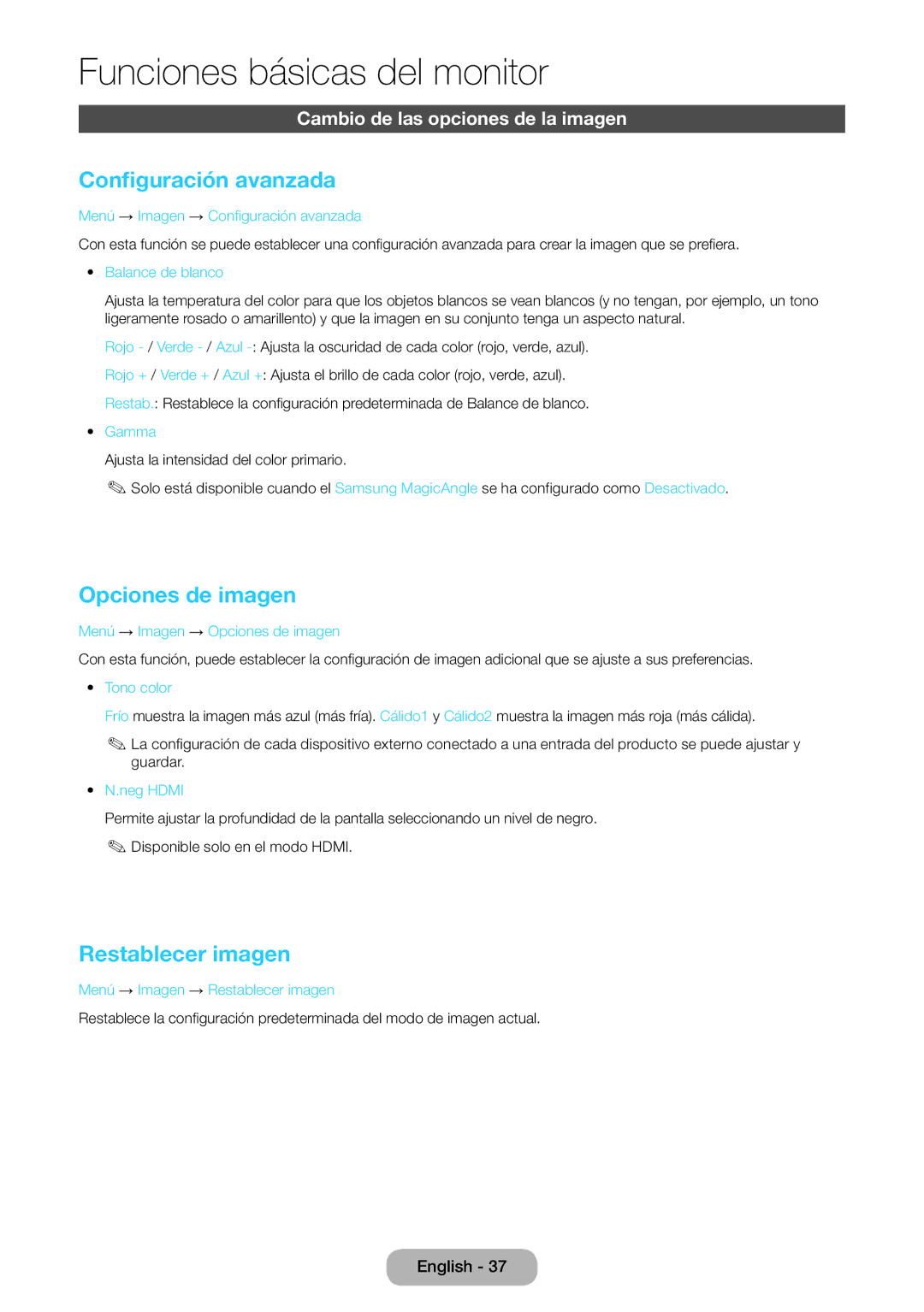 Samsung LT27B750EW/EN Configuración avanzada, Opciones de imagen, Restablecer imagen, Cambio de las opciones de la imagen  