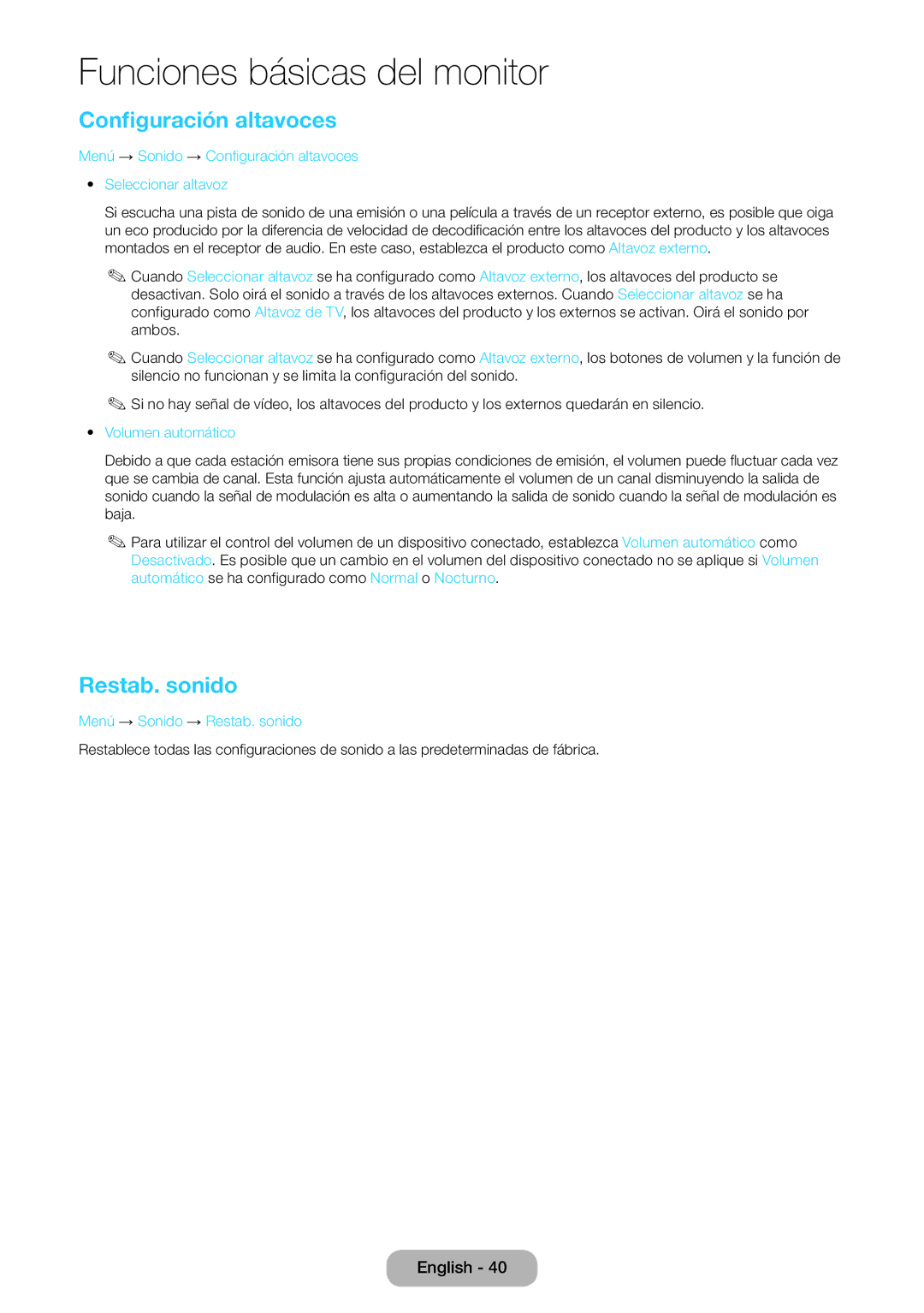 Samsung LT24B750EW/EN Restab. sonido, Menú → Sonido → Configuración altavoces Seleccionar altavoz, Volumen automático 