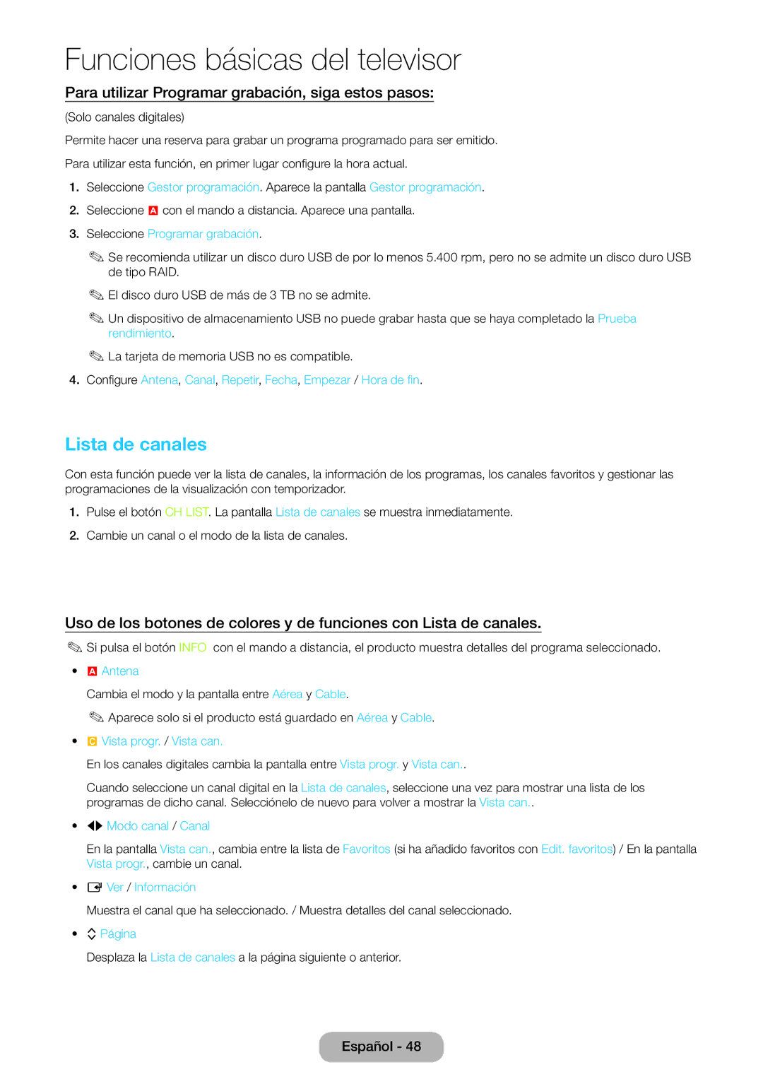 Samsung LT24B750EW/EN, LT27B750EW/EN manual Lista de canales, Para utilizar Programar grabación, siga estos pasos 