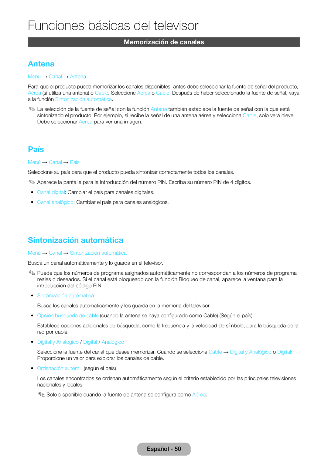 Samsung LT24B750EW/EN, LT27B750EW/EN manual Antena, País, Sintonización automática, Memorización de canales 