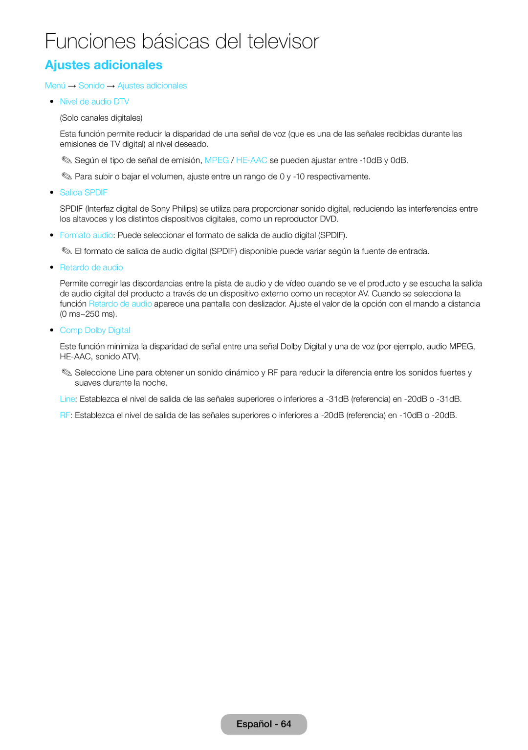 Samsung LT24B750EW/EN, LT27B750EW/EN manual Menú → Sonido → Ajustes adicionales, Salida Spdif, Comp Dolby Digital 