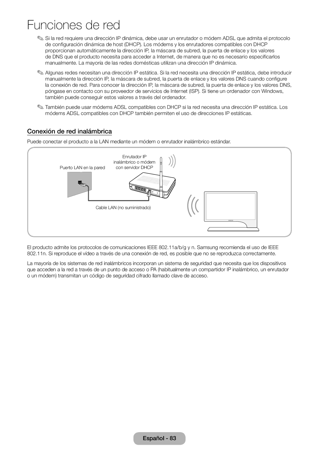 Samsung LT27B750EW/EN, LT24B750EW/EN manual Conexión de red inalámbrica 