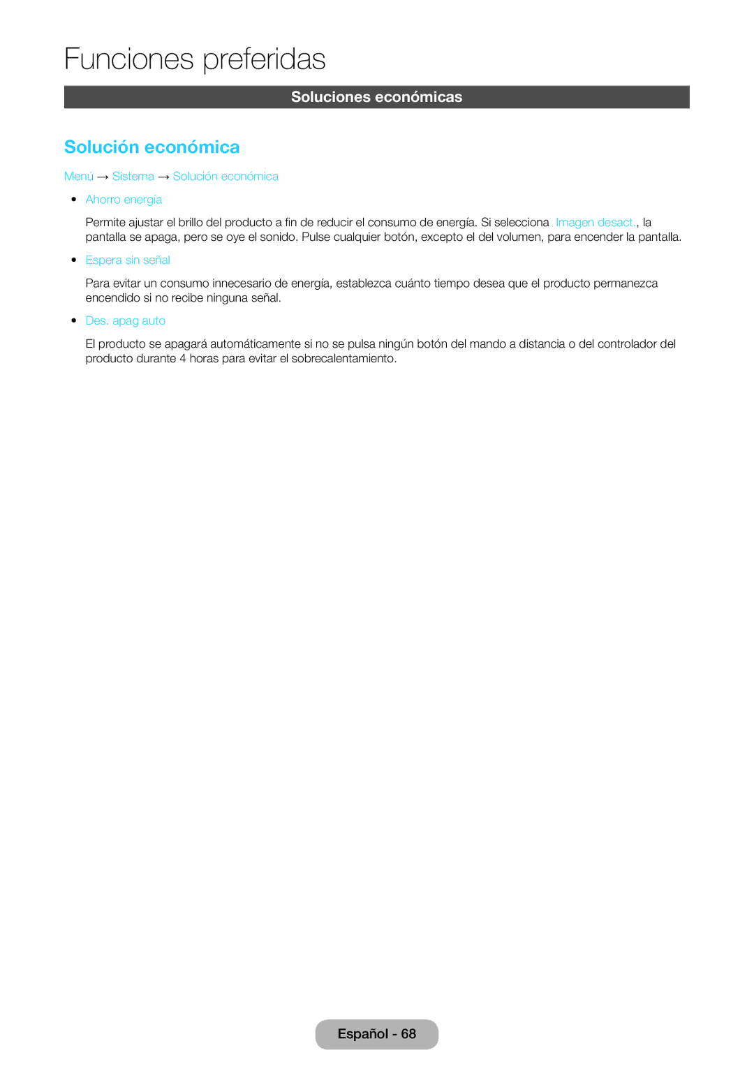 Samsung LT27B750EW/EN Soluciones económicas, Menú → Sistema → Solución económica Ahorro energía, Espera sin señal 