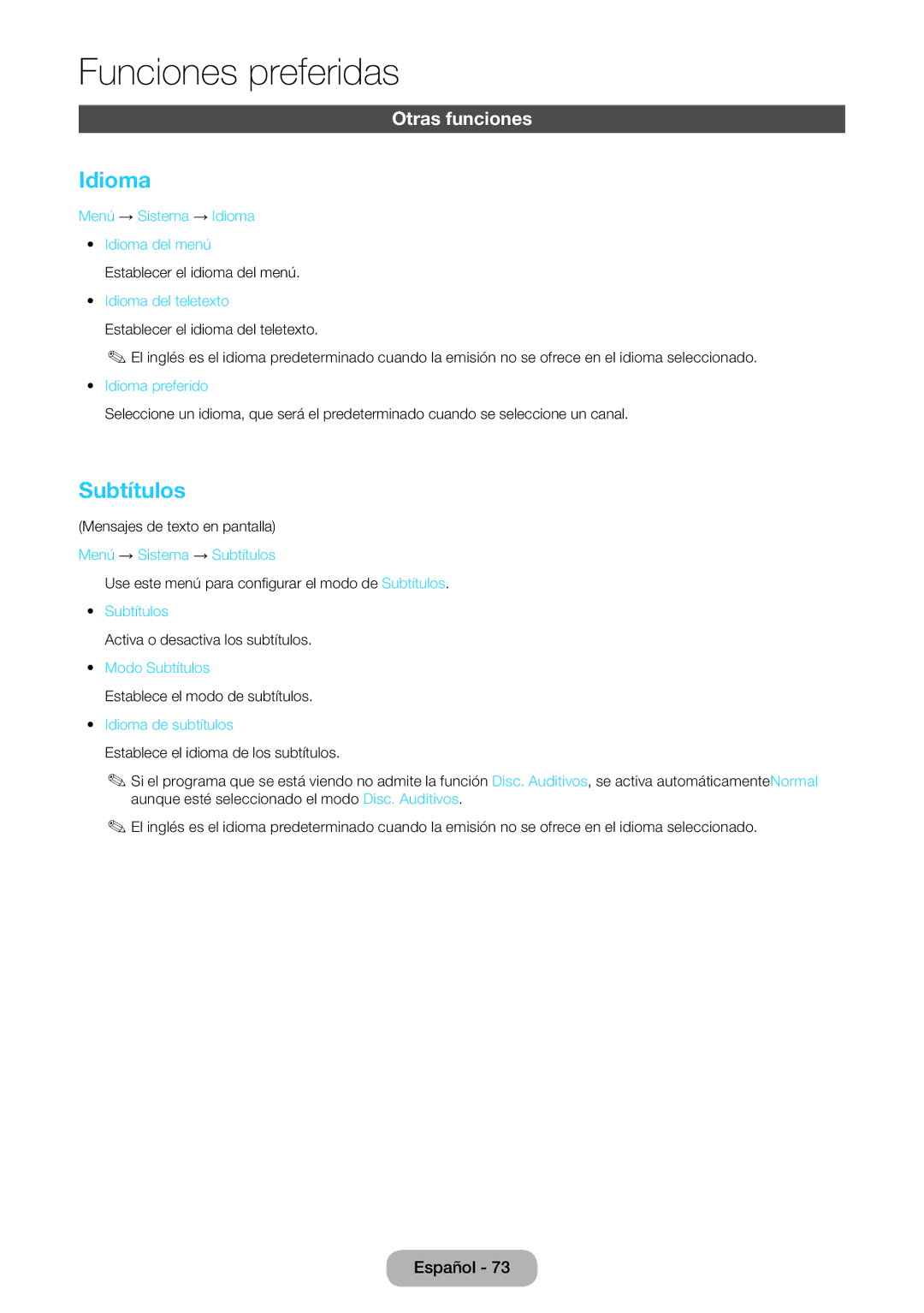 Samsung LT24B750EW/EN, LT27B750EW/EN manual Idioma, Subtítulos 