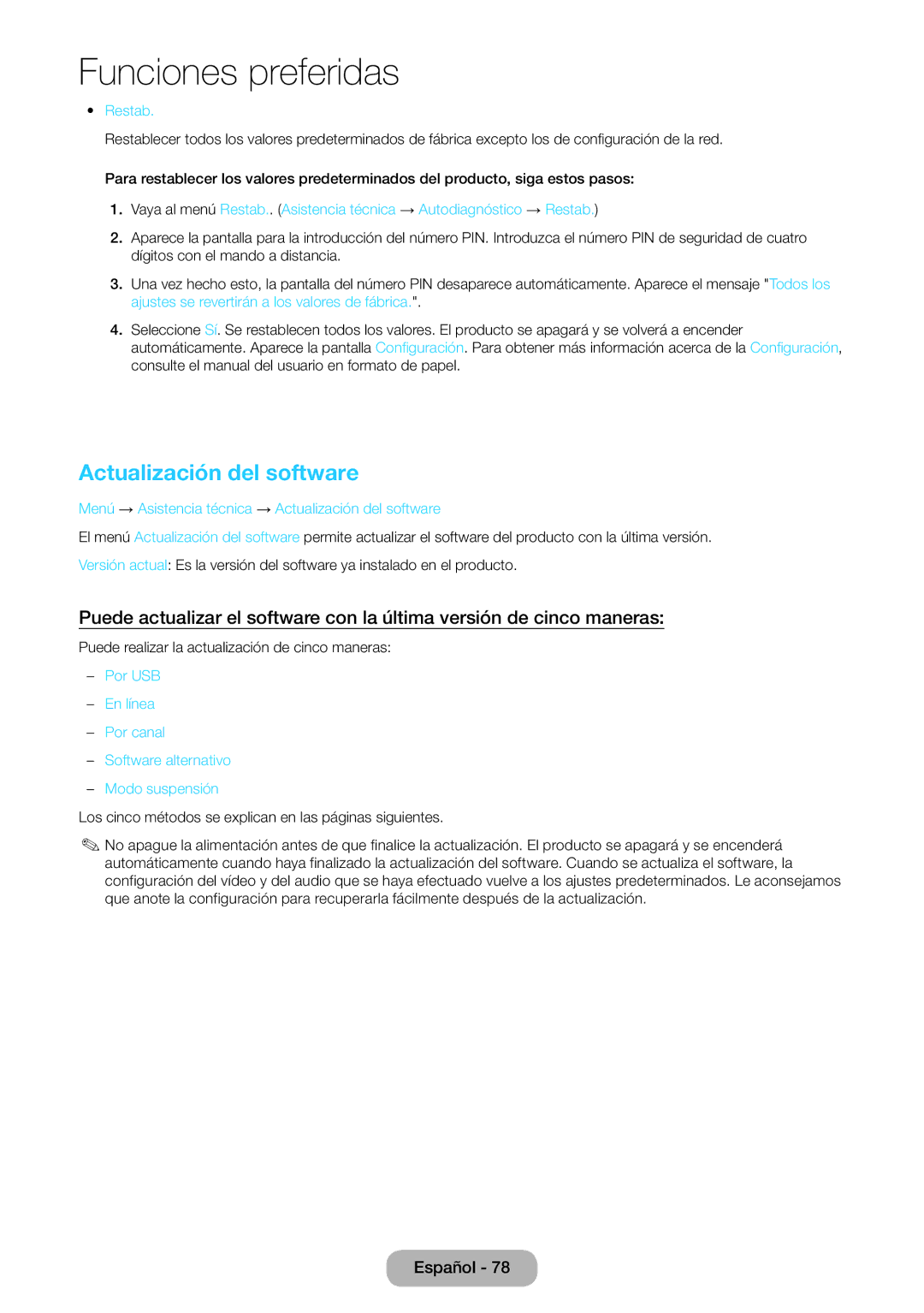 Samsung LT27B750EW/EN, LT24B750EW/EN manual Restab, Menú → Asistencia técnica → Actualización del software 