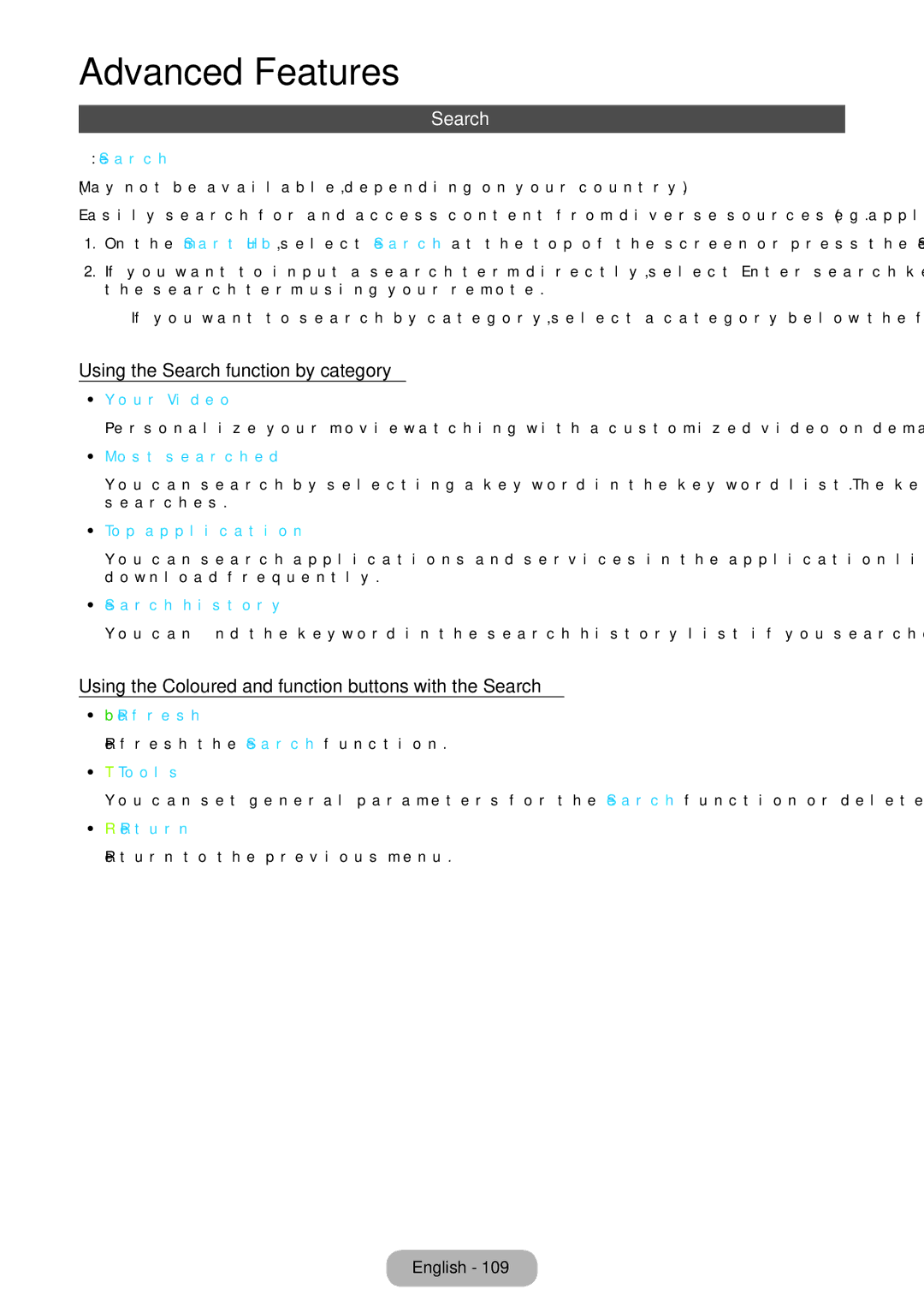 Samsung LT24B750EX/EN Using the Search function by category, Using the Coloured and function buttons with the Search 