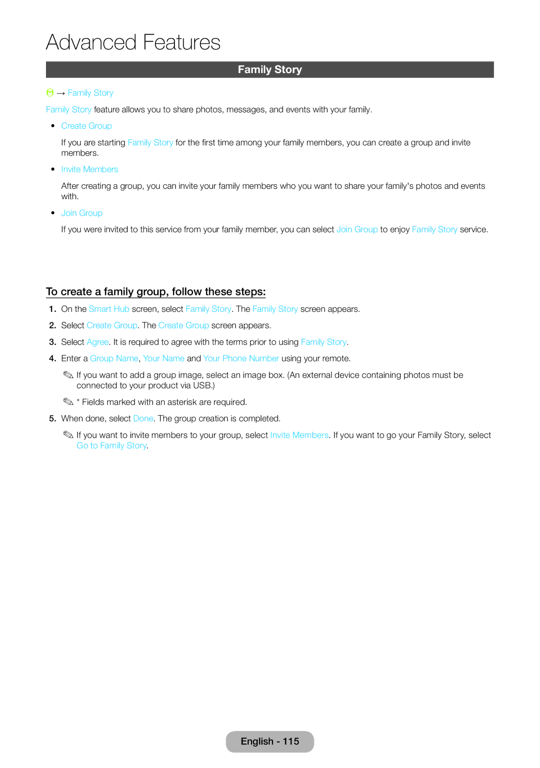 Samsung LT24B750EX/XE, LT24B750EWV/EN, LT27B750EWV/EN manual Family Story, To create a family group, follow these steps 