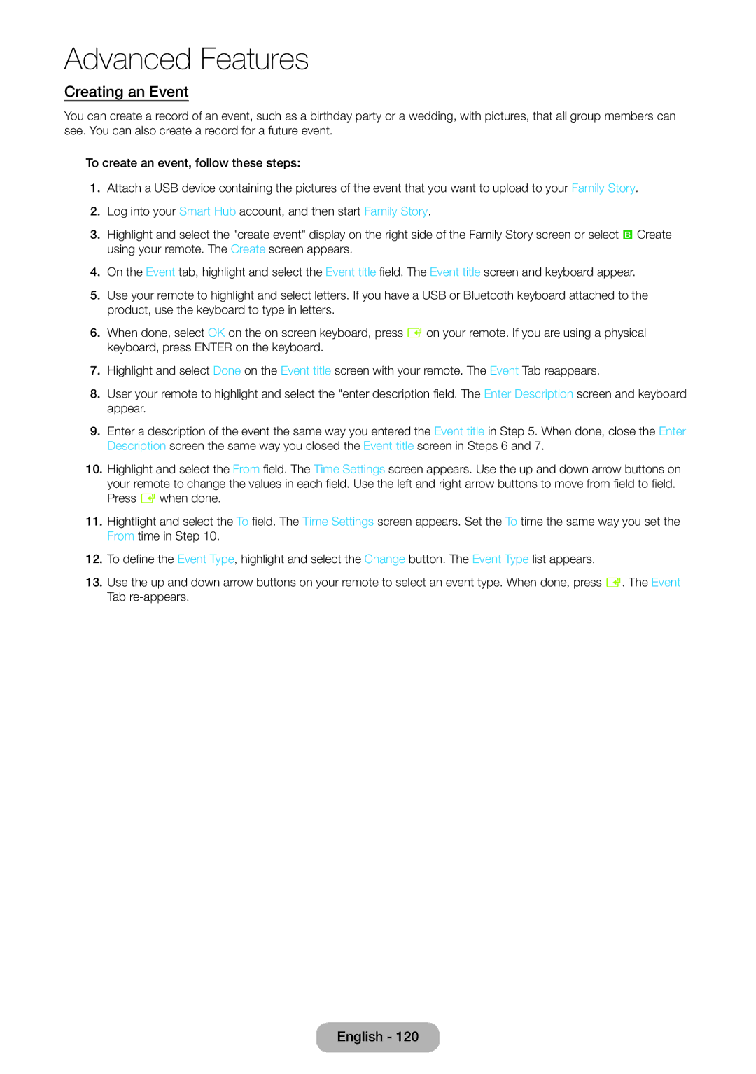 Samsung LT24B750EWV/EN, LT27B750EWV/EN, LT24B750EW/EN, LT27B750EW/EN, LT27B750EX/EN, LT24B750EX/XE manual Creating an Event 