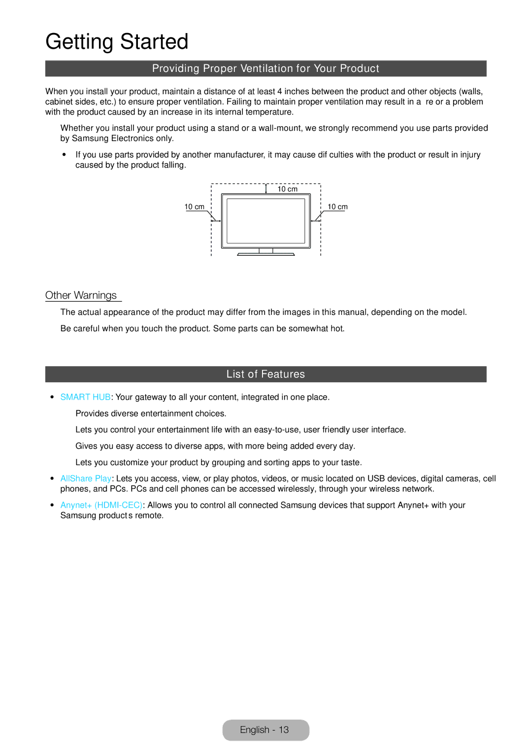 Samsung LT27B750EW/EN, LT24B750EWV/EN manual Providing Proper Ventilation for Your Product, Other Warnings, List of Features 