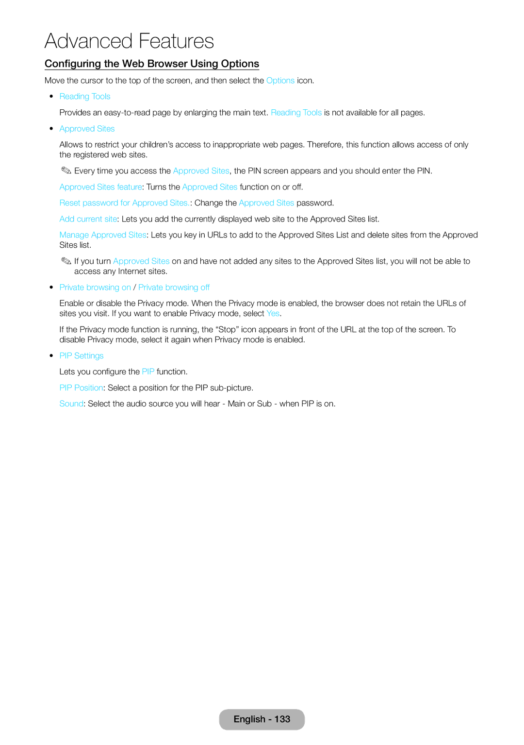 Samsung LT27B750EW/EN manual Configuring the Web Browser Using Options, Reading Tools, Approved Sites, PIP Settings 