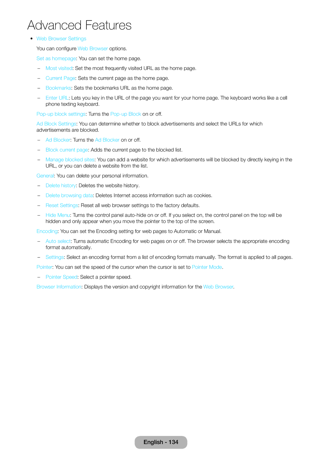 Samsung LT27B750EX/EN, LT24B750EWV/EN manual Web Browser Settings, Pop-up block settings Turns the Pop-up Block on or off 