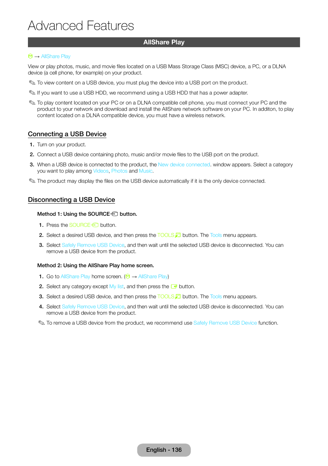 Samsung LT27B750EX/XE, LT24B750EWV/EN manual Connecting a USB Device, Disconnecting a USB Device, → AllShare Play 