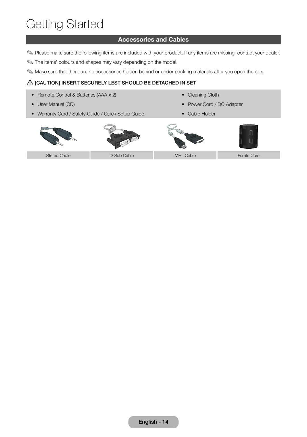 Samsung LT27B750EX/EN, LT24B750EWV/EN, LT27B750EWV/EN, LT24B750EW/EN, LT27B750EW/EN, LT24B750EX/XE manual Accessories and Cables 