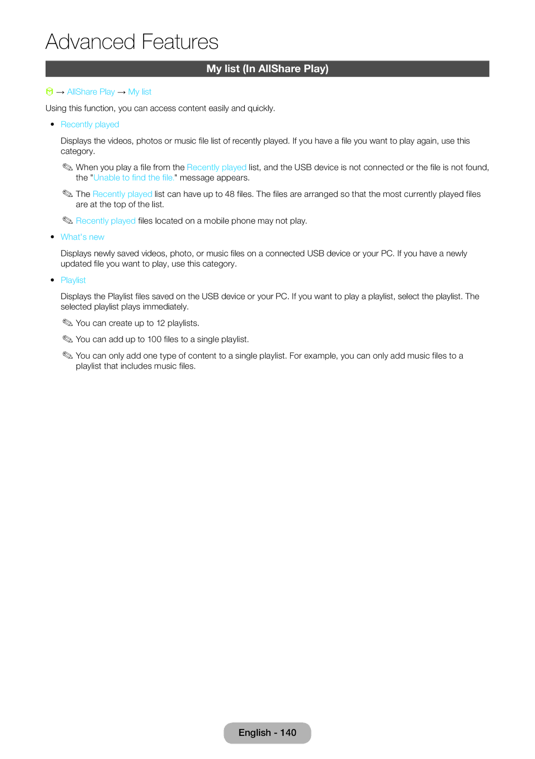 Samsung LT24B750EWV/EN manual My list In AllShare Play, → AllShare Play → My list, Recently played, Whats new, Playlist 