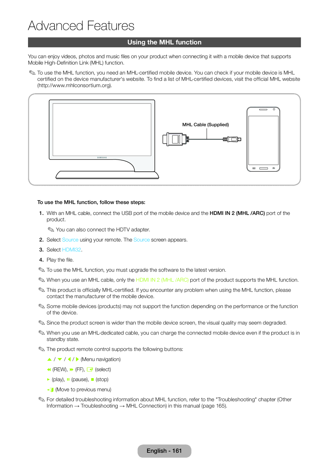 Samsung LT27B750EWV/EN, LT24B750EWV/EN, LT24B750EW/EN, LT27B750EW/EN, LT27B750EX/EN, LT24B750EX/XE manual Using the MHL function 