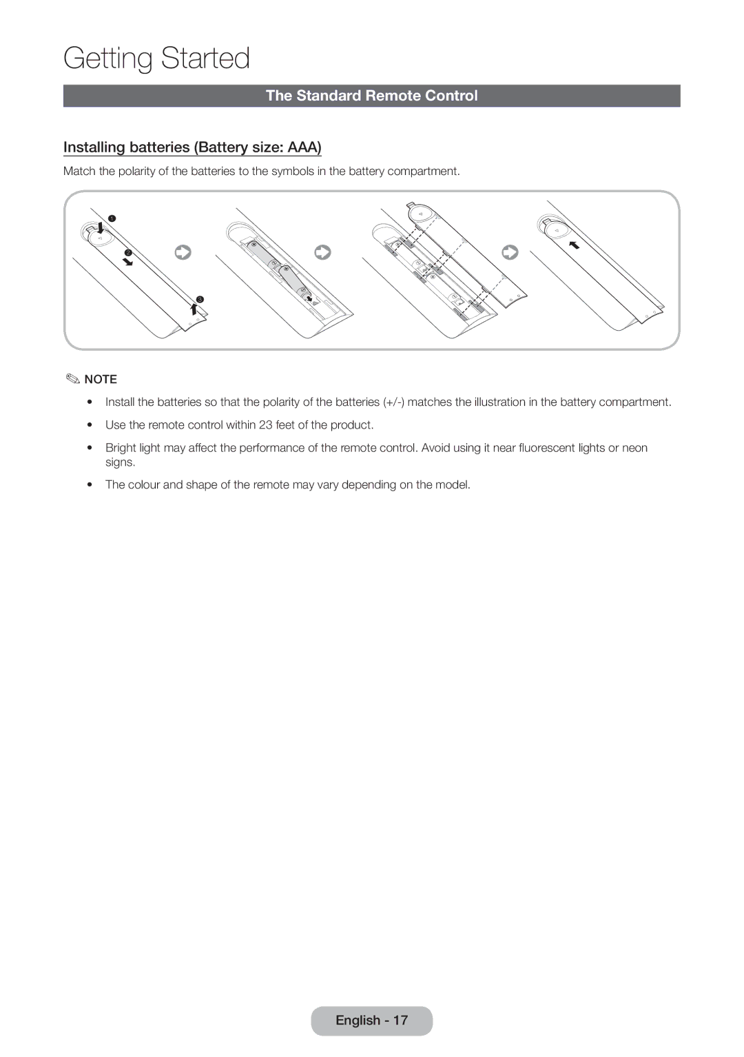 Samsung LT27B750EX/CI, LT24B750EWV/EN, LT27B750EWV/EN manual Standard Remote Control, Installing batteries Battery size AAA 