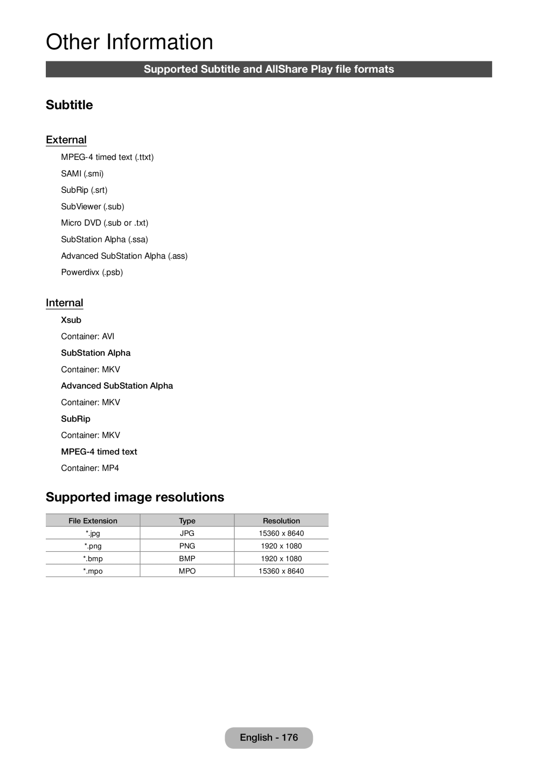 Samsung LT27B750EX/XE, LT24B750EWV/EN, LT27B750EWV/EN Supported Subtitle and AllShare Play file formats, External, Internal 