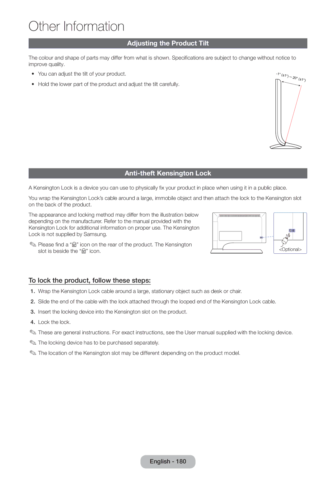 Samsung LT24B750EWV/EN Adjusting the Product Tilt, Anti-theft Kensington Lock, To lock the product, follow these steps 