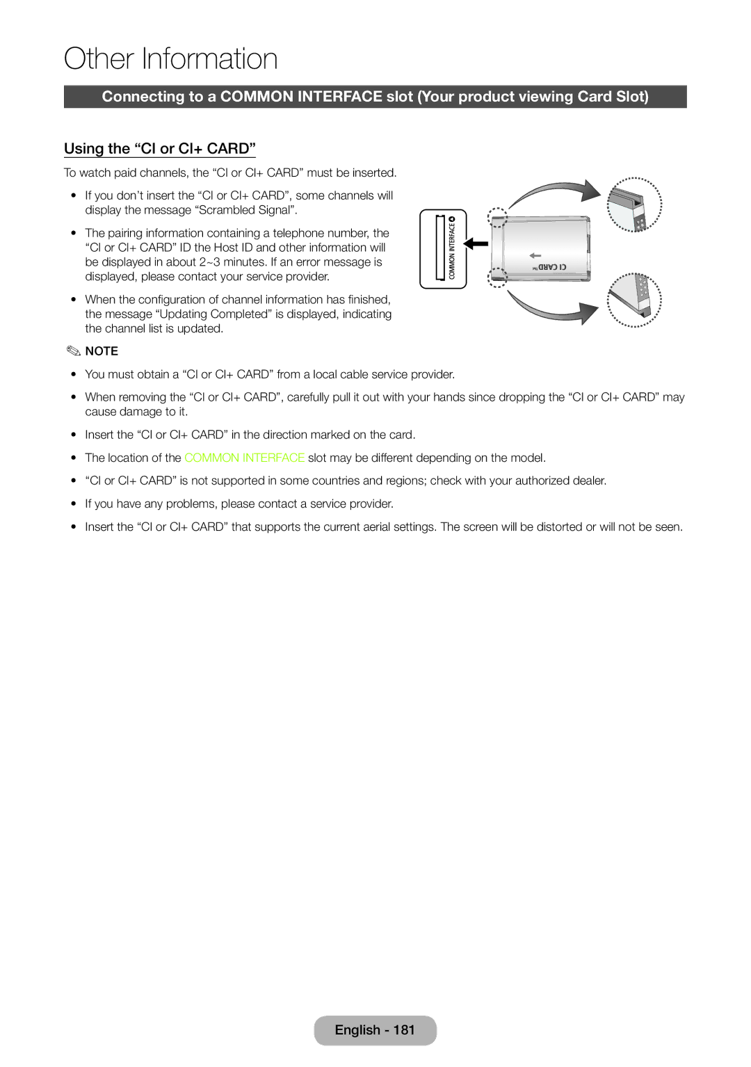 Samsung LT27B750EWV/EN, LT24B750EWV/EN, LT24B750EW/EN, LT27B750EW/EN, LT27B750EX/EN, LT24B750EX/XE Using the CI or CI+ Card 