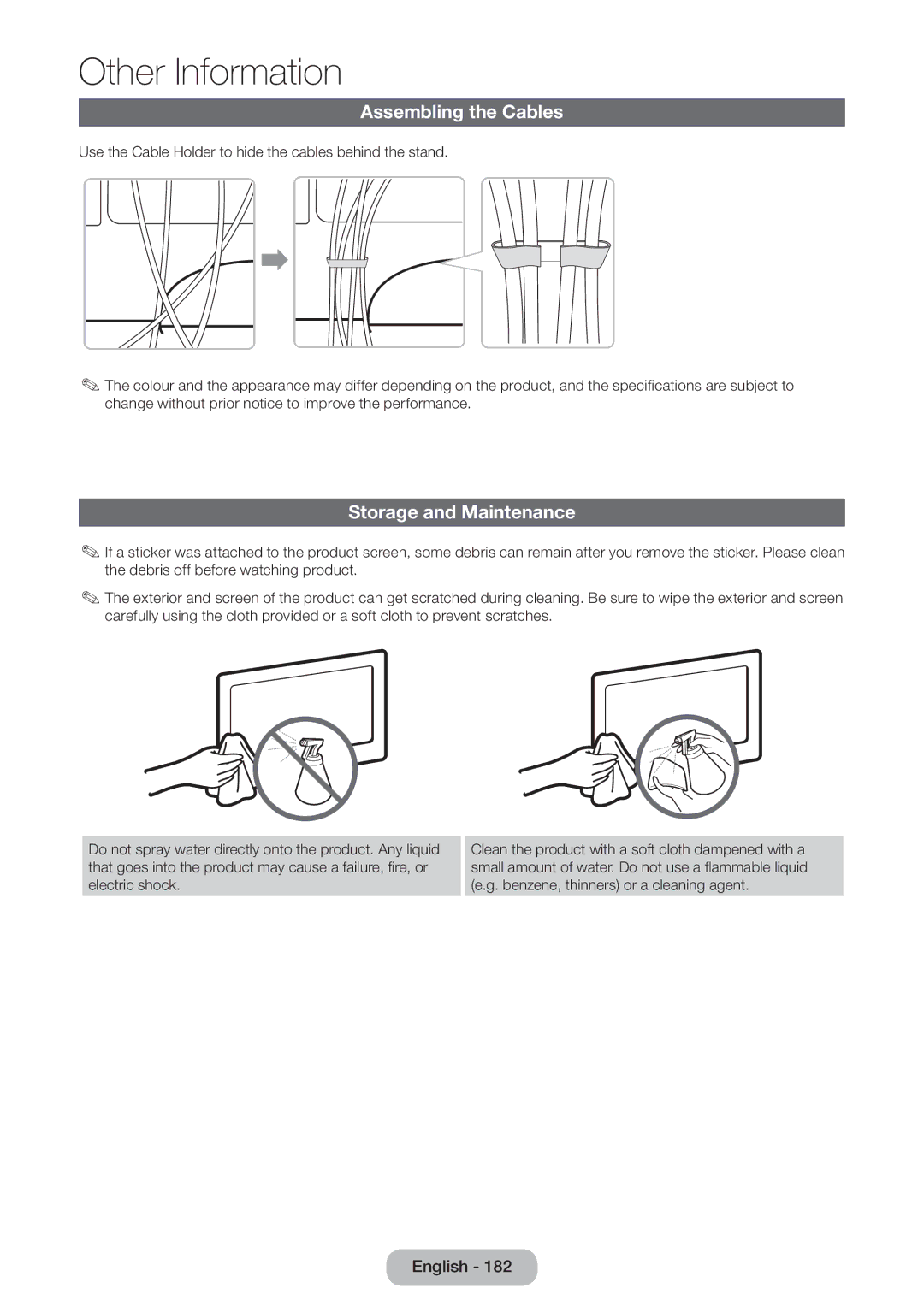 Samsung LT24B750EW/EN, LT24B750EWV/EN, LT27B750EWV/EN, LT27B750EW/EN manual Assembling the Cables, Storage and Maintenance 