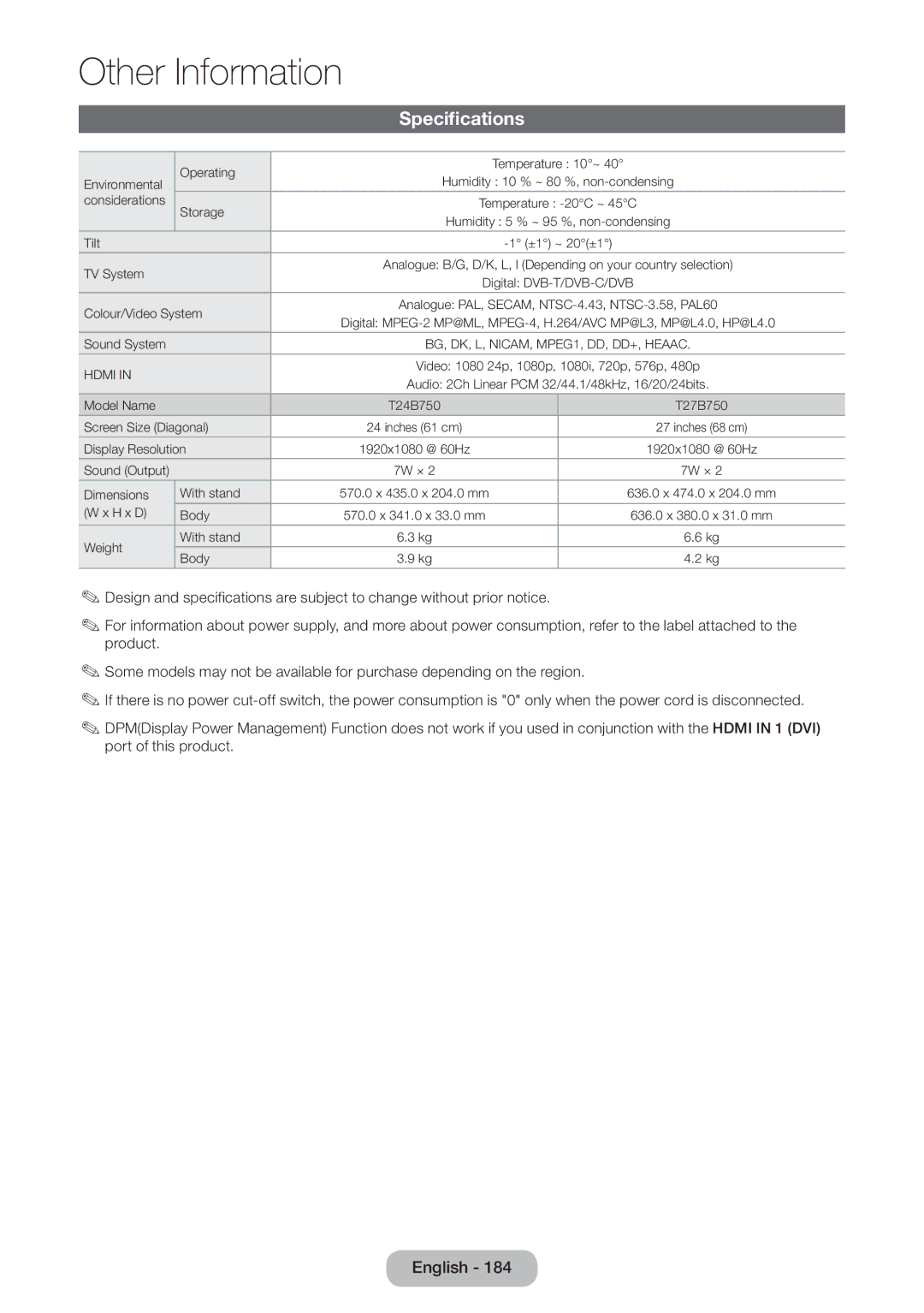 Samsung LT27B750EX/EN, LT24B750EWV/EN, LT27B750EWV/EN, LT24B750EW/EN, LT27B750EW/EN manual Specifications, Colour/Video System 