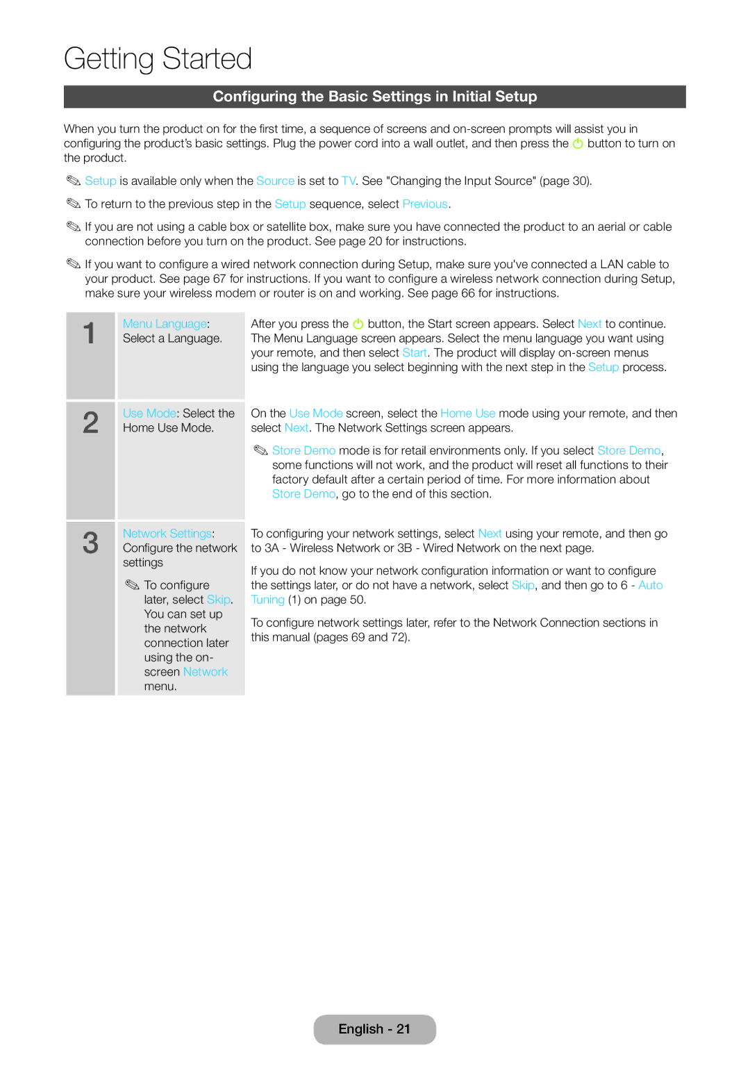 Samsung LT27B750EWV/EN Configuring the Basic Settings in Initial Setup, Menu Language, Home Use Mode, Network Settings 