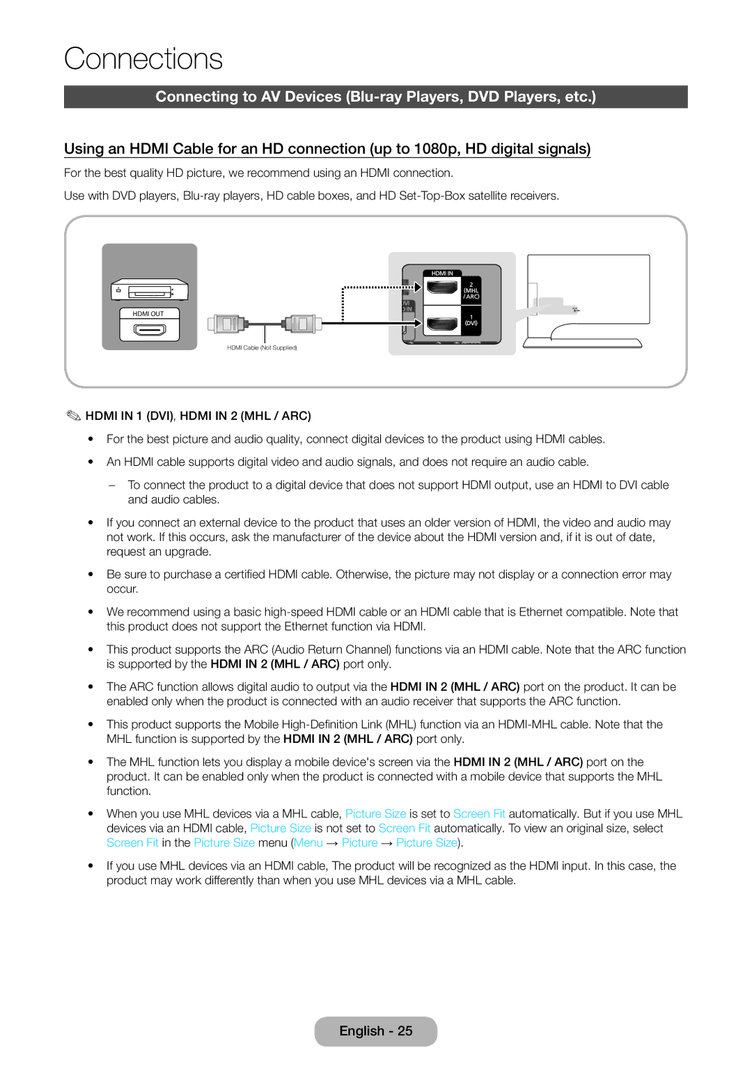 Samsung LT24B750EX/XE, LT24B750EWV/EN manual Connections, Connecting to AV Devices Blu-ray Players, DVD Players, etc 