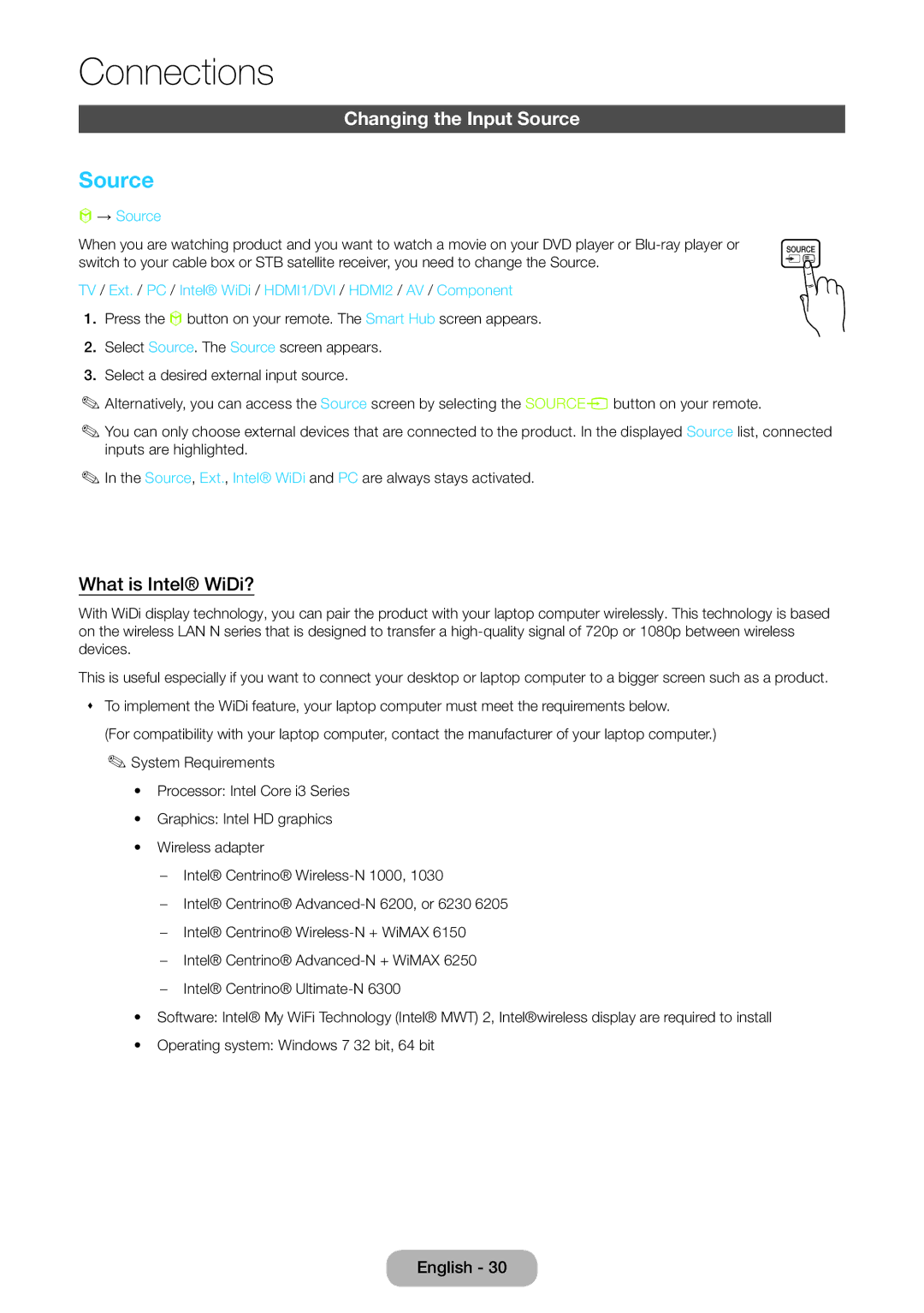 Samsung LT24B750EWV/EN, LT27B750EWV/EN, LT24B750EW/EN manual Changing the Input Source, What is Intel WiDi?, → Source 