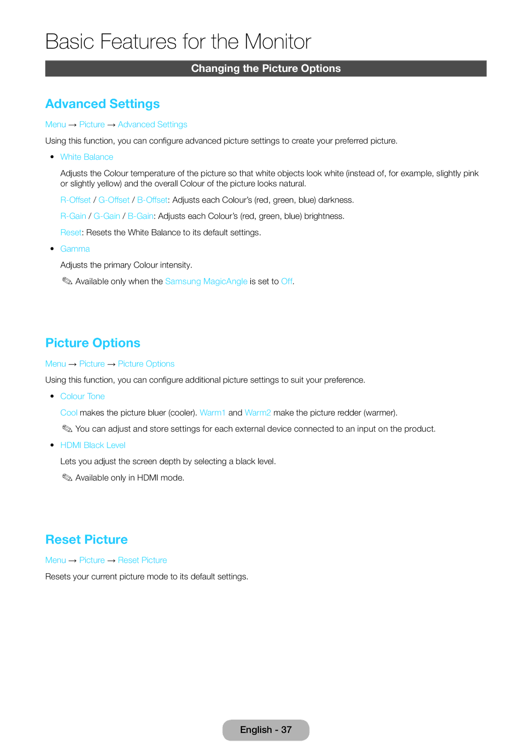 Samsung LT27B750EX/CI, LT24B750EWV/EN, LT27B750EWV/EN Advanced Settings, Reset Picture, Changing the Picture Options 