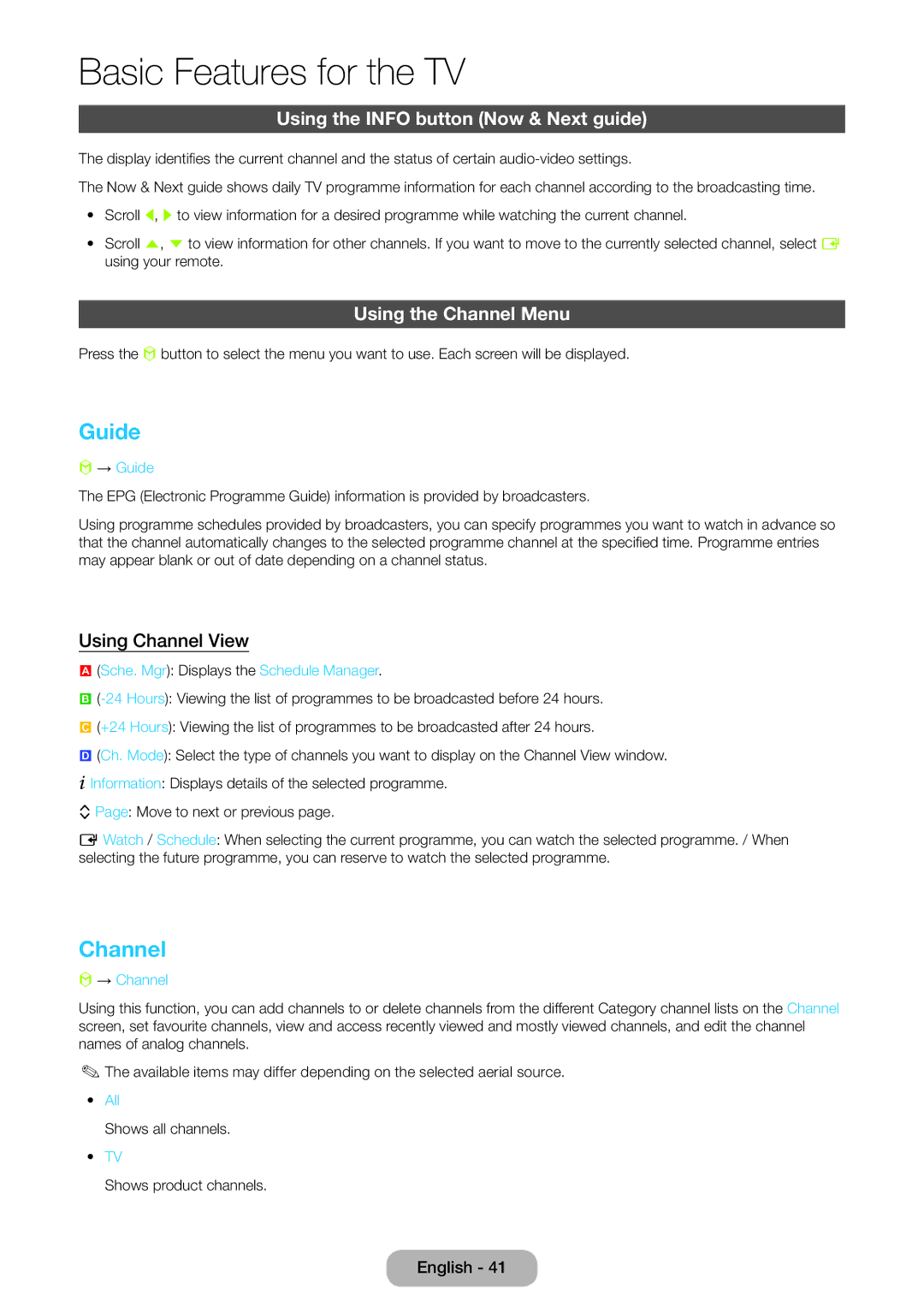 Samsung LT27B750EWV/EN manual Guide, Using the Info button Now & Next guide, Using the Channel Menu, Using Channel View 